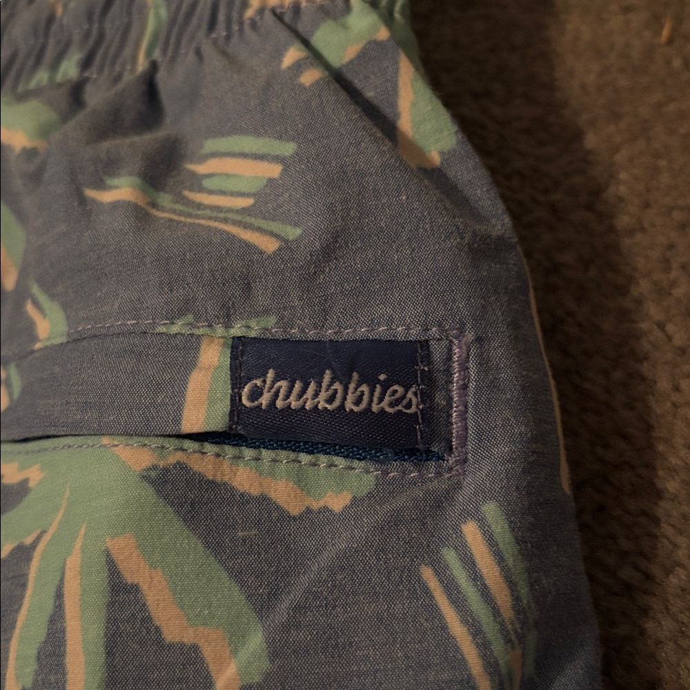 chubbies Palm Tree Swim Shorts - blue with Green Palms & Orange Drawstring